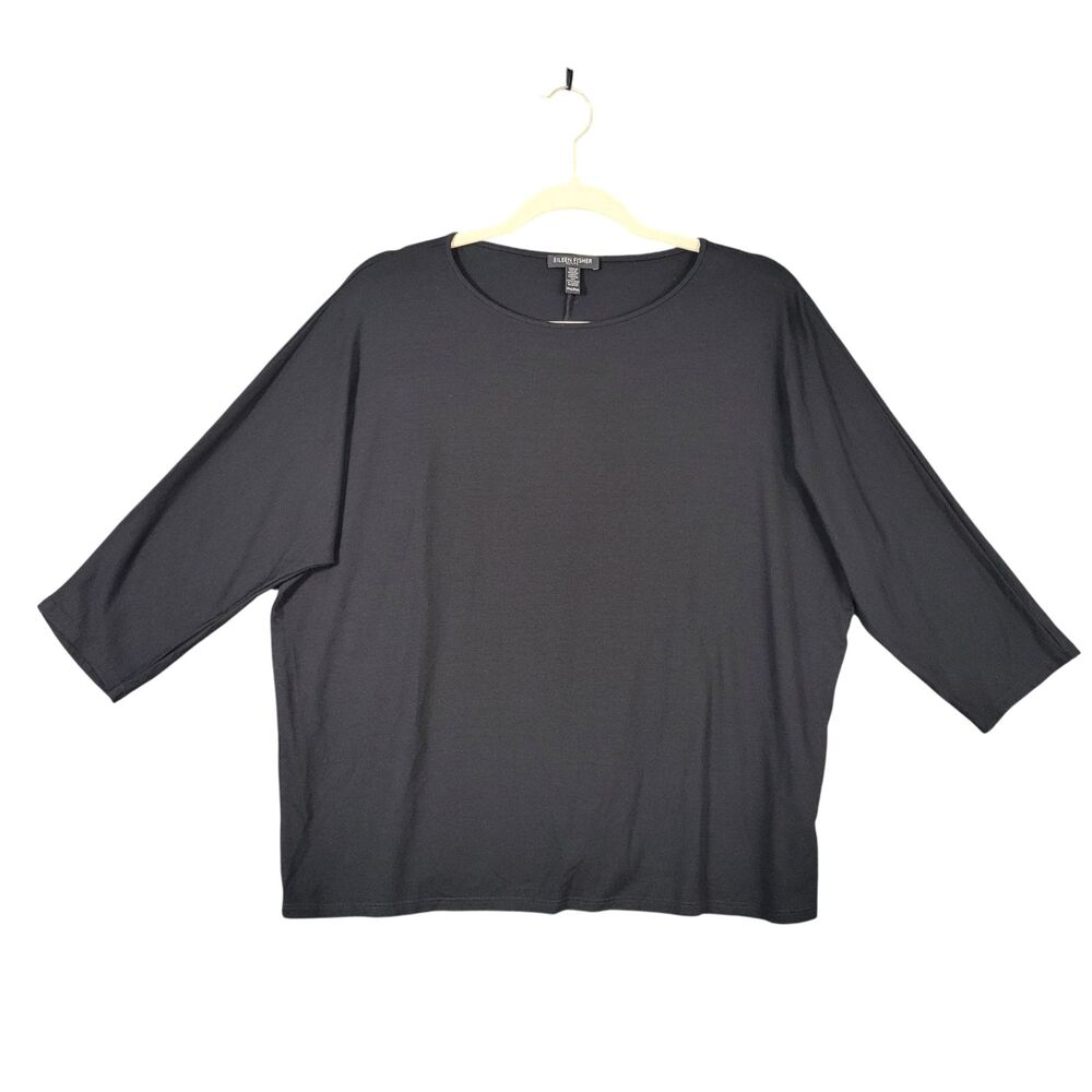EILEEN FISHER Black Stretch 3/4 Sleeve Boxy Top Minimalist SIZE PM PETITE MEDIUM